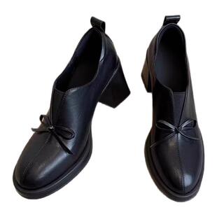 羊皮版~复古粗跟单鞋女新款气质高跟鞋圆头蝴蝶结厚底乐福小皮鞋