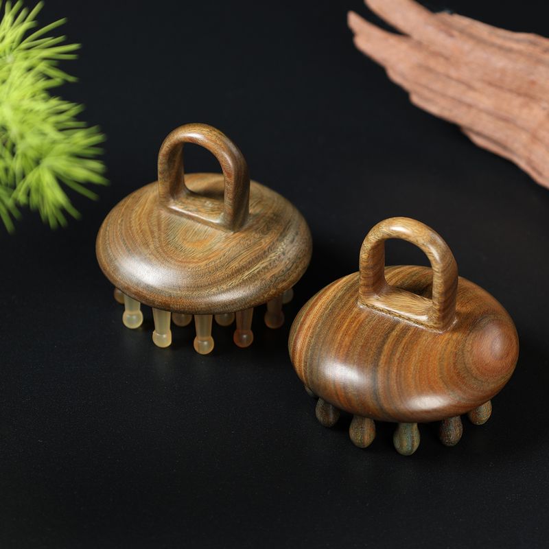 绿檀木羊角齿圆盘头羊角颈经络指环疗梳按摩梳肩刮痧头部疏