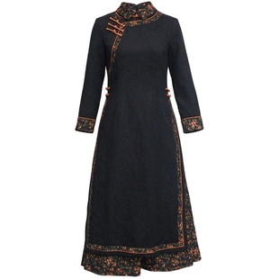 如意风奥黛旗袍连衣裙女收腰长款年轻民国复古民族风裙子 23J279