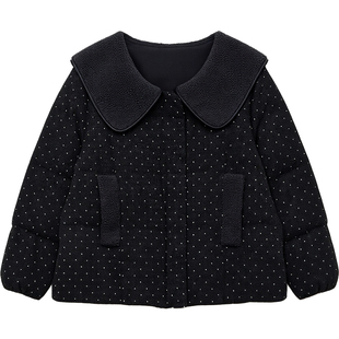 DM100大码百分百女装微胖mm冬季时尚羊羔毛娃娃领波点棉服短外套