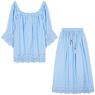 落落狷介开春穿搭一整套蓝色刺绣镂空两件套一字肩上衣套装裙半裙