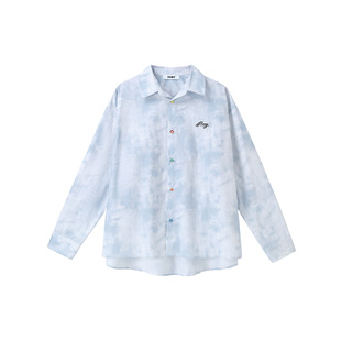 PCMY潮牌满印长袖学院风衬衫上衣宽松百搭2026春夏季休闲蓝色衬衣