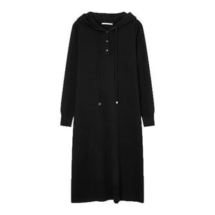 飘蕾黑色连帽抽绳针织连衣裙2025年秋冬新款宽松遮肉打底毛衣长裙