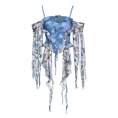 流浪精灵风蝴蝶袖一字肩pu皮上衣