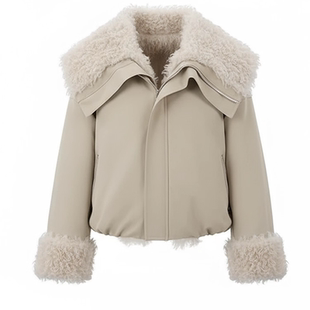 鸭鸭派克羽绒服女2025新款韩系羊卷毛领拼接大翻领保暖短款外套冬