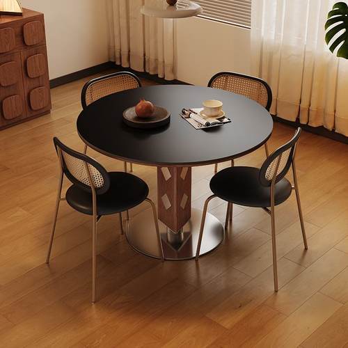 波棱复古圆形餐桌 岩板圆桌小户型 包豪斯风格实木餐桌