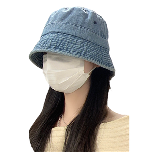 日系复古水洗牛仔渔夫帽女秋冬季韩版百搭显脸小简约遮脸水桶帽潮
