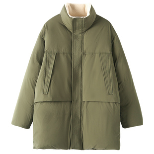 KUYIOU/轻盈有型巨保暖 羊羔绒拼接立领中长款重磅面包羽绒服外套