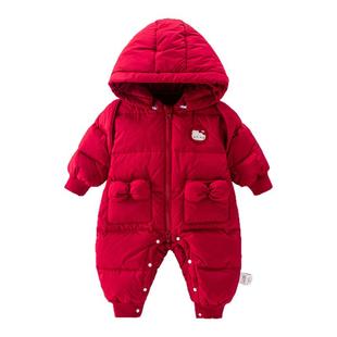 婴儿羽绒连体衣冬季女宝拜年服白鸭绒保暖0-1周岁新生儿喜庆衣服