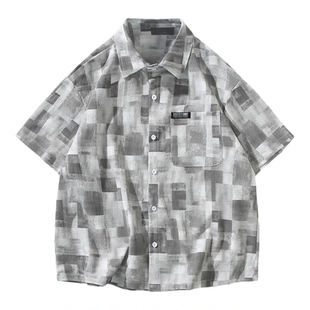美式复古短袖格子衬衣男款夏季干净阳光男生穿搭宽松半袖衬衫上衣