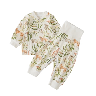 婴儿套装男女宝宝舒绒棉分体秋衣裤大屁屁暗扣开裆高腰裤按扣开衫