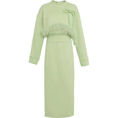 2025秋新款女装加绒加厚短款卫衣高腰半裙运动休闲时髦浅绿色套装