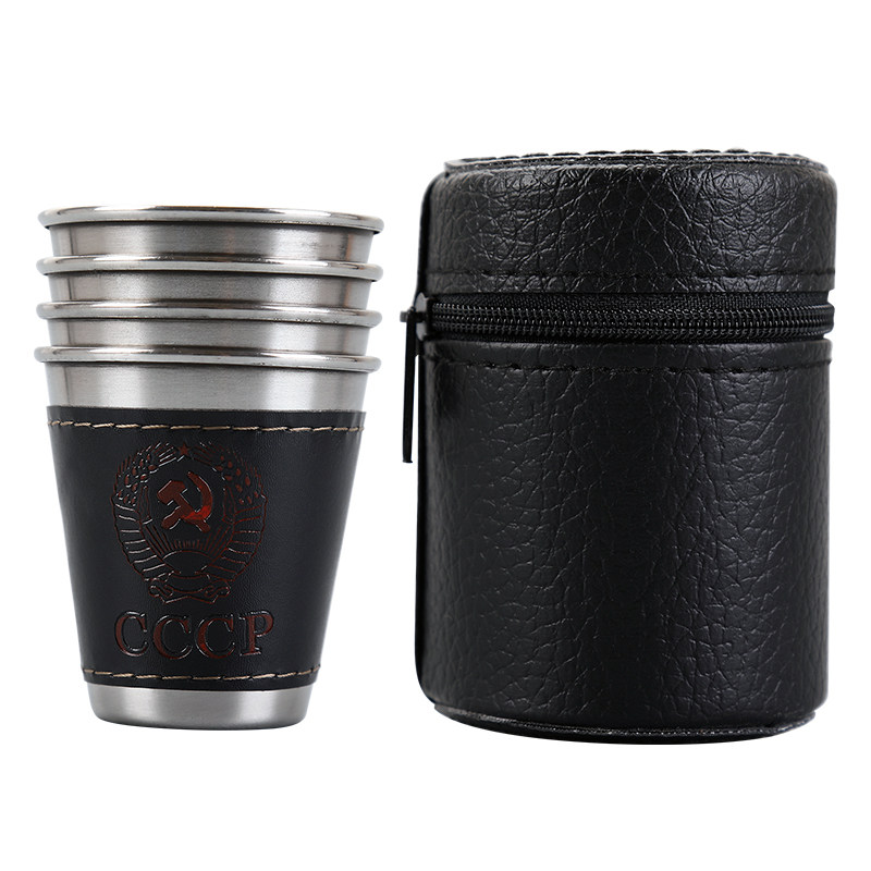 不锈钢小酒杯套装4只随身便携杯白酒杯