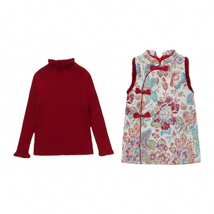 拜年服女童国风旗袍冬装宝宝新年套装连衣裙儿童过年红色喜庆衣服