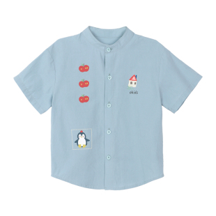 小O宝Okids男童卡通风儿童纯棉立领短袖衬衫夏季趣味刺绣蓝色上衣