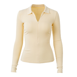 call it a day淡黄/深灰色 翻领半开隐形拉链修身磨毛T恤打底上衣