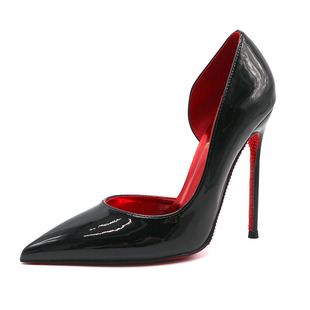 实拍黑色亮漆皮镭射金属红色内里侧漏空水钻底红毯高跟鞋性感大码