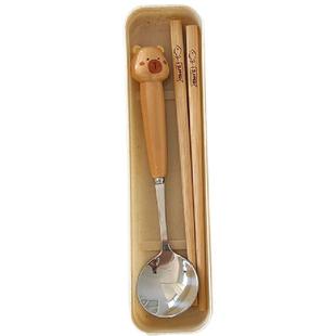 可爱卡皮巴拉筷子勺子叉子套装高颜值学生一人用便携式不锈钢餐具