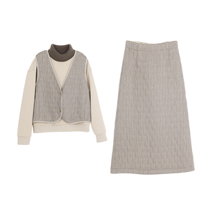 3S女装菱格纹棉服套装女2025冬季新款三件套半身裙保暖复古穿搭