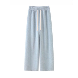 蓝色宽松针织阔腿裤女秋冬新款毛绒绒糯米裤高腰水貂绒直筒休闲裤