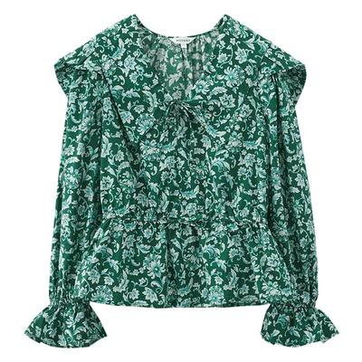 moussy奥莱  春夏碎花收腰翻领飞肩袖长袖衬衫女028FAS30-5270