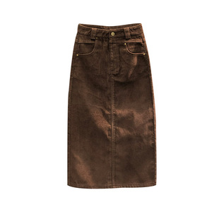 咖啡色灯芯绒半身裙女显瘦2025秋季时尚高腰开叉一步中长打底裙子