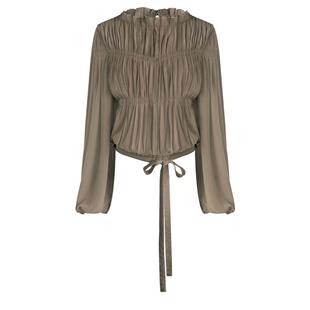 COCOBELLA名媛风手工压褶木耳边雪纺衬衫气质通勤飘带衬衣SR7062