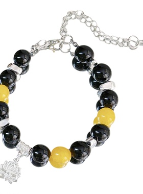 【墨焰莲影】MIES原创油画手串女黑黄水晶串珠银色吊坠复古风手链