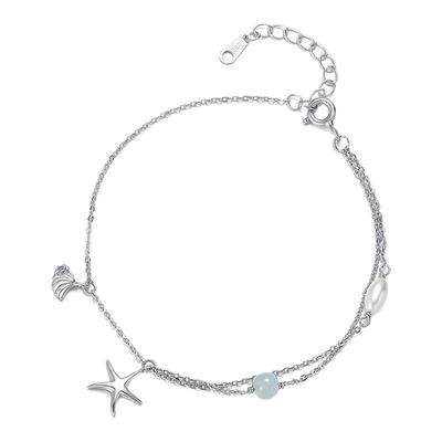 新款S999纯银海蓝宝diy海星贝壳手链女小清新气质珍珠叠戴风手饰