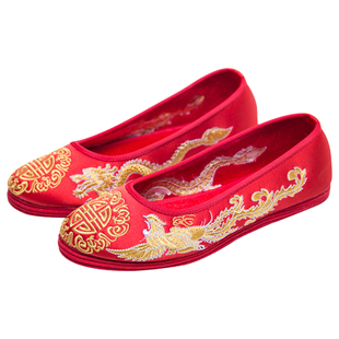 红色婚鞋新娘鞋老北京中式龙凤褂秀禾鞋千层底平底跟绣花鞋女