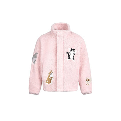潮牌卡通猫狗刺绣加绒棉服外套女