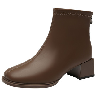 大东时装靴女鞋2025冬季新款时尚休闲粗跟中跟后拉链方头D0115