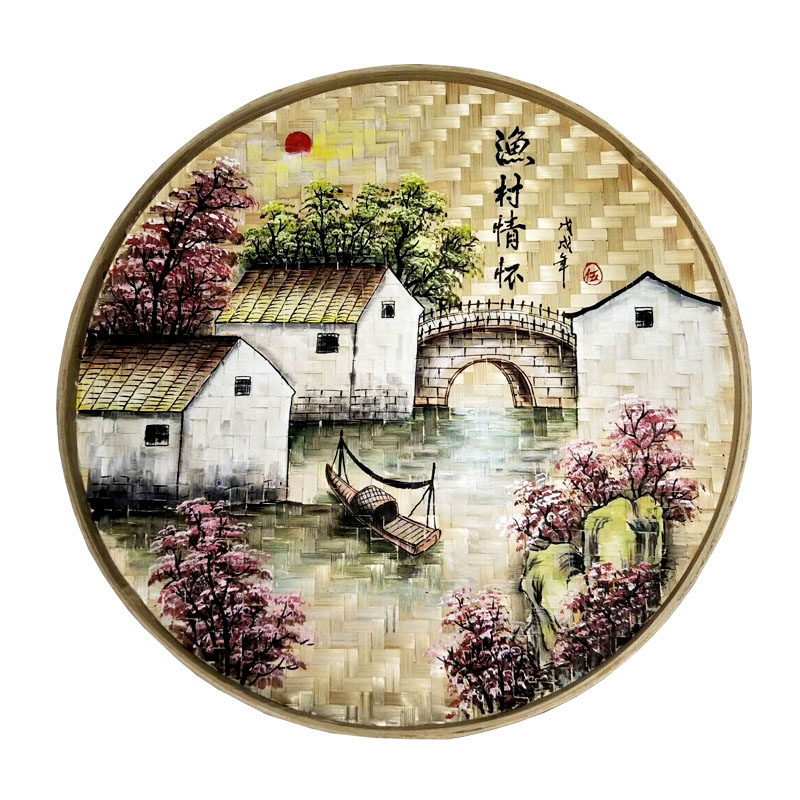 手绘竹编簸箕画农家乐装饰竹编制品墙上墙壁挂饰墙面圆形挂件田园