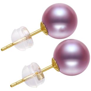 海蒂珠宝 华魅紫色正圆强光淡水珍珠18K金耳钉耳环正品送女友礼物