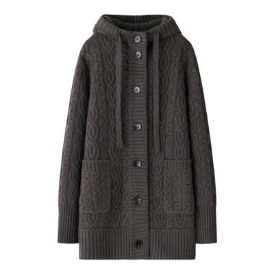 阿绒源纯羊绒加厚绞花女大衣中长