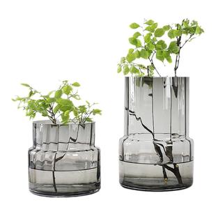 现代轻奢极简玻璃插花花瓶矮胖大口花瓶鲜花水培大号花器绿色