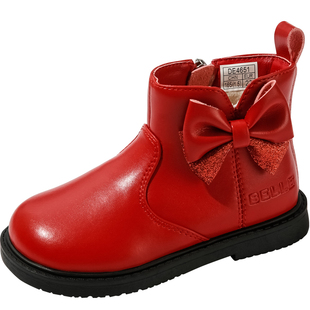 百丽童鞋女童蝴蝶结公主靴冬季加绒保暖小女孩时装靴时尚百搭短靴