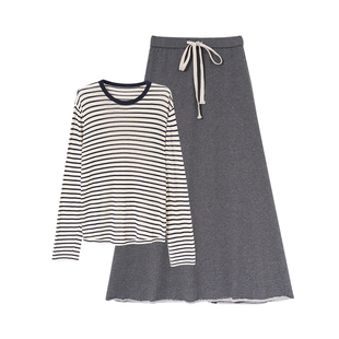 MASANON孕妇装春秋套装条纹百搭上衣黑色开叉半身裙长款孕期穿搭