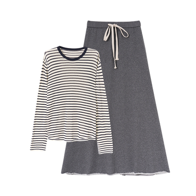 MASANON孕妇条纹上衣+黑色开叉裙