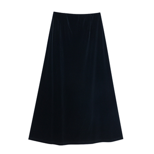 Pusumede 流光漫步 黑色高腰丝绒半身裙女气质光泽感大摆长款伞裙