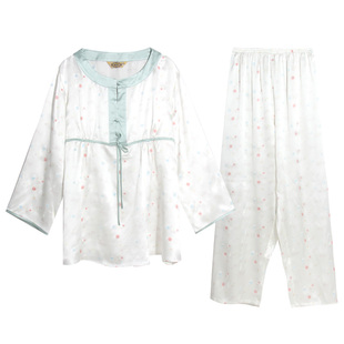 美标女士长袖真丝睡衣夏季两件套装桑蚕丝丝绸春秋家居服