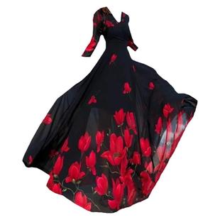 春夏新款韩版v领印花雪纺连衣裙女气质高腰优雅大摆显瘦沙滩长裙