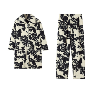 可人儿秋冬季保暖云朵绒中长款睡袍女加厚珊瑚绒睡衣家居服两件套