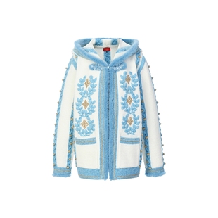 lefame拉飞姆秋季复古百搭蓝白卷草纹针织带帽外套