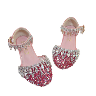 红色水晶礼服高跟鞋粗跟主持人演出公主女童儿童女生皮鞋2025新款