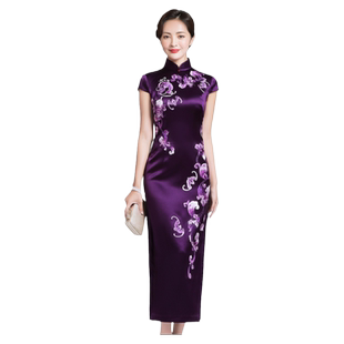 盖世红颜真丝旗袍裙女高端优雅时尚手工连衣裙绣花国风长礼服曲蔓