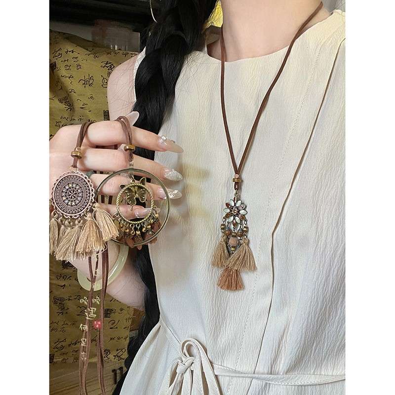 波西米亚咖色长款流苏禅意项链女异域民族风新中式复古毛衣链配饰