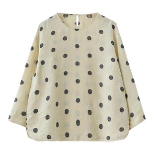 春秋细支亚麻色织波点轻盈通透显瘦上衣圆领百搭提花剪花衬衫衬衣