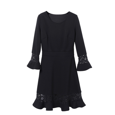 气质性感鱼尾纯色连衣裙七分袖