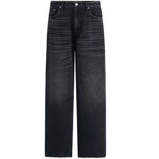 REDCHARCOAL红炭酵磨漂猫须纹水洗阔版直筒牛仔裤男美式黑色裤子